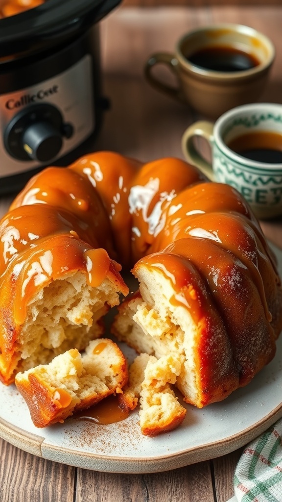Slow Cooker Monkey Bread Recipe A close-up of slow cooker monkey bread, golden and gooey, with pieces pulled apart, served on a rustic plate.